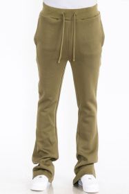 Mens Solid Fleece Flare Stacked PANTS (Color: Olive, size: 36)